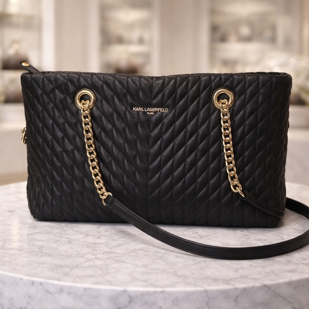 Karl Lagerfeld Black Quilted Shoulder Tote with Gold Chain Straps